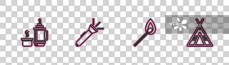 保温容器、燃烧的火柴线条图标组合图片素材