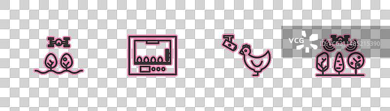 配备无人机、鸡和摄像头的智能农场线条设计图片素材
