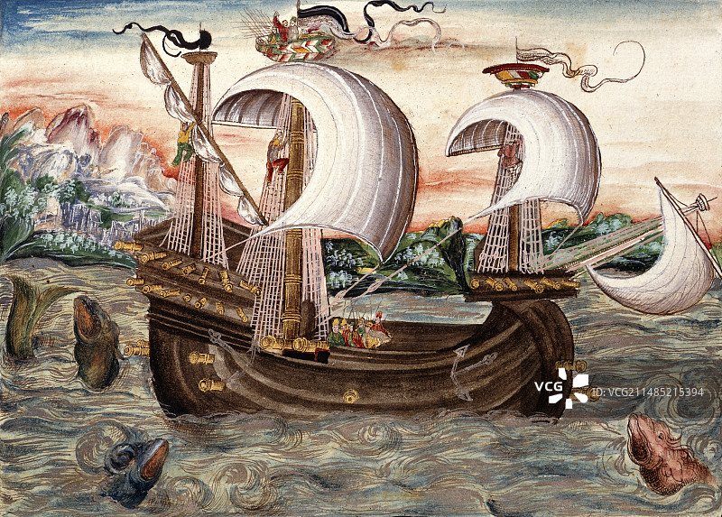 16世纪航行至葡萄牙的加勒恩帆船图片素材