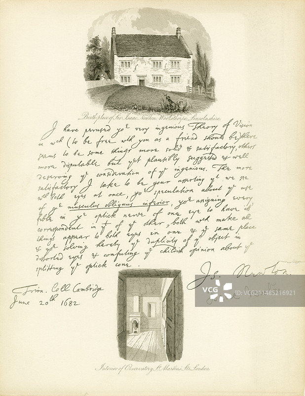 牛顿的出生地和1682年信件图片素材