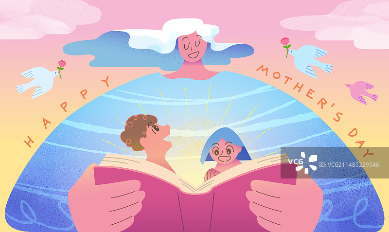 妈妈与孩子的睡前故事时光 母亲节插图图片素材