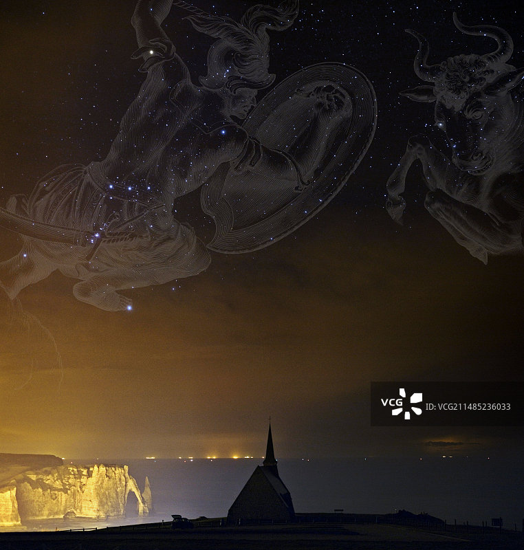 法国诺曼底上空的猎户座和金牛座图片素材