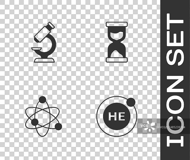 氦显微镜原子和旧沙漏图标套装图片素材