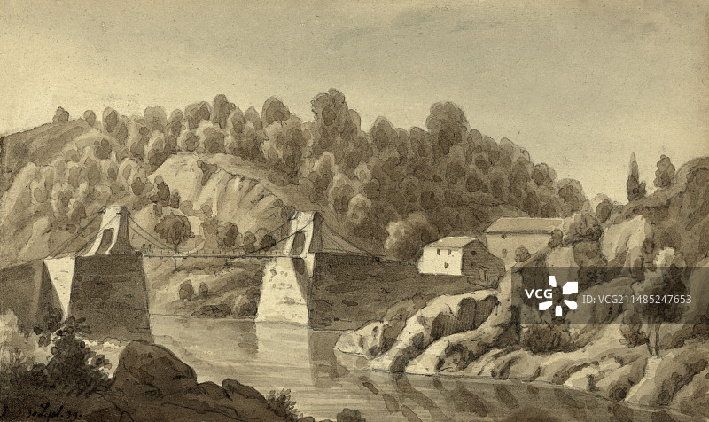 美国小瀑布镇的链子桥，1839年图片素材