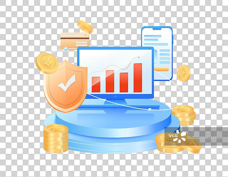 蓝色3D金融理财保险银行元素插画图片素材