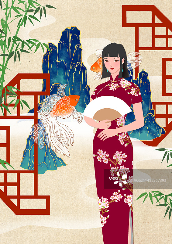 旗袍女子金鱼花窗图图片素材