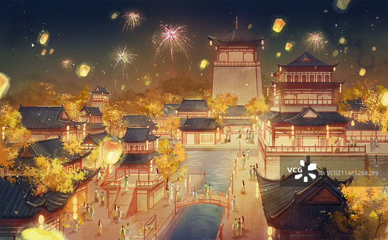 长安不夜城-古风场景插画图片素材