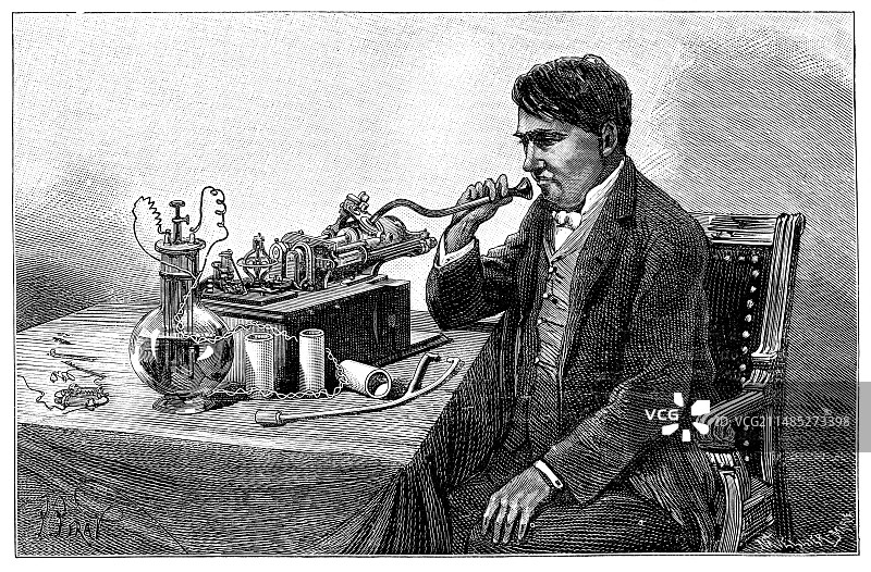 爱迪生对着留声机讲话图片素材