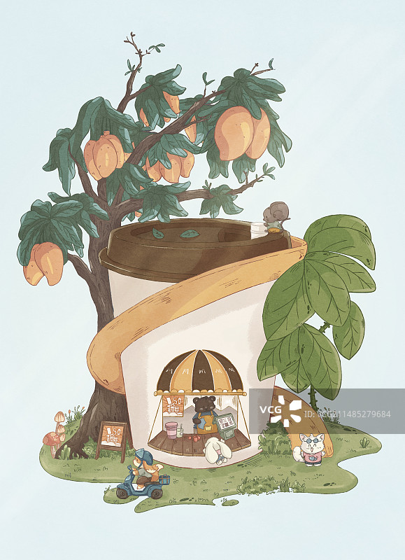 夏日限定小动物饮料店插画图片素材