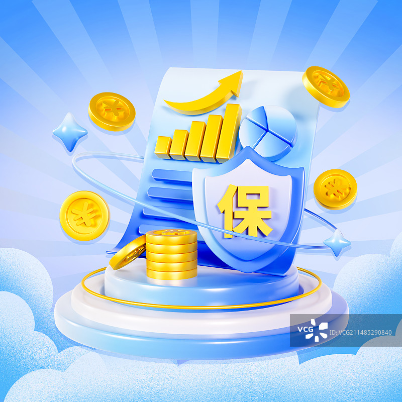 3D渲染的商务玻璃风蓝色金融理财股市证券保险数据分析金币插画图片素材