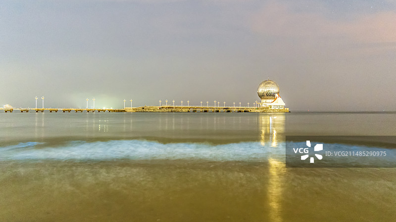 山东省烟台市莱山区黄海明珠海滩蓝眼泪希氏弯喉海萤荧光夜景城市自然风光图片素材