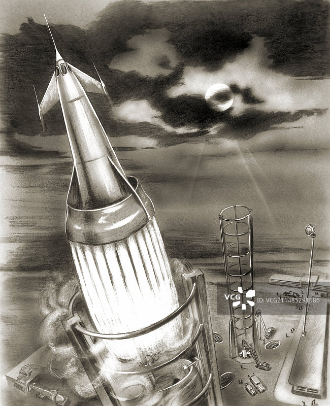 20世纪50年代的月亮火箭发射艺术作品图片素材