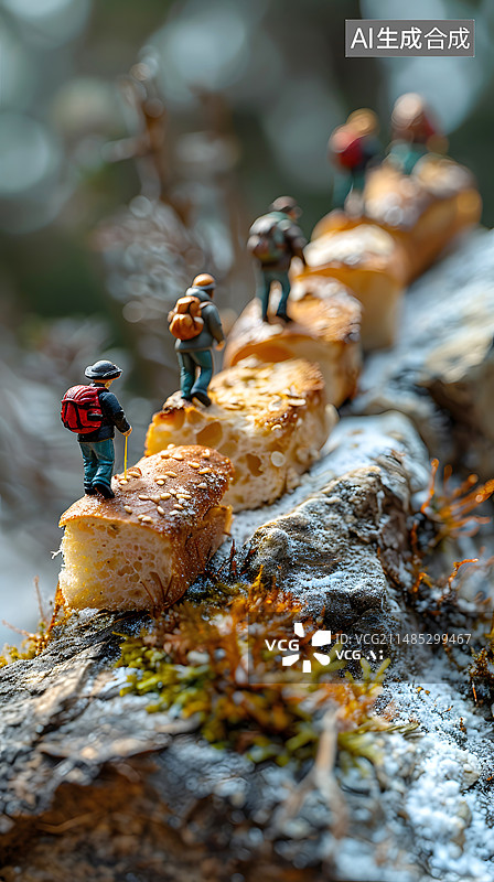 【AI数字艺术】背着背包的小人走在面包上微缩场景图片素材