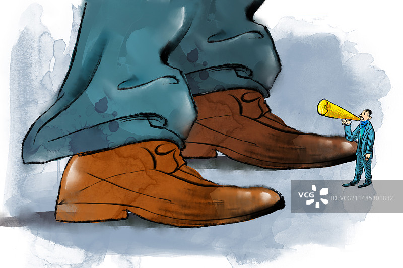 拿着喇叭的小人在警告高高在上的权贵阶层图片素材