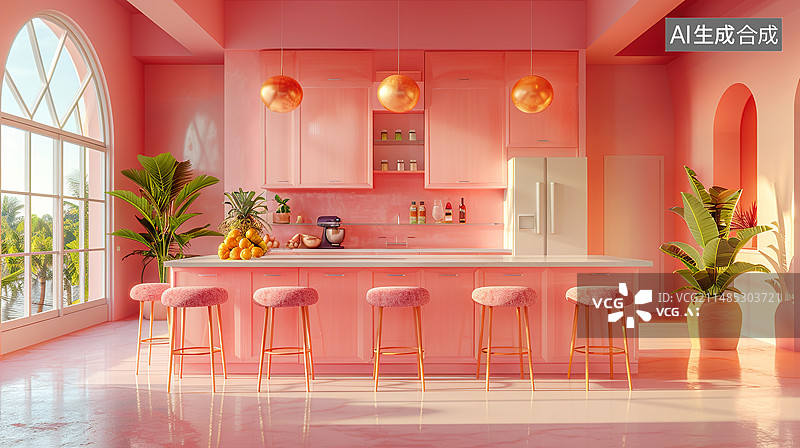 【AI数字艺术】厨房家居场景冰箱嵌入在橱柜里面有岛台还有嵌入橱柜的酒柜杏色调,室内家居设计图片素材