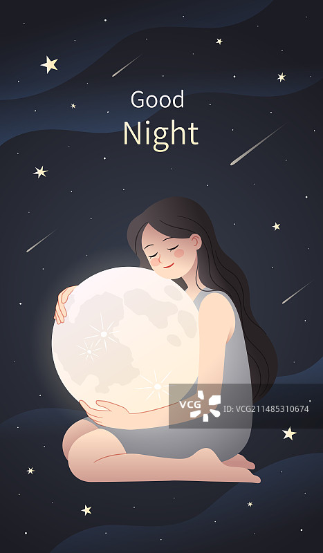 夜空下一个年轻女孩抱着月球在睡梦中卡通手绘矢量插画海报壁纸图片素材