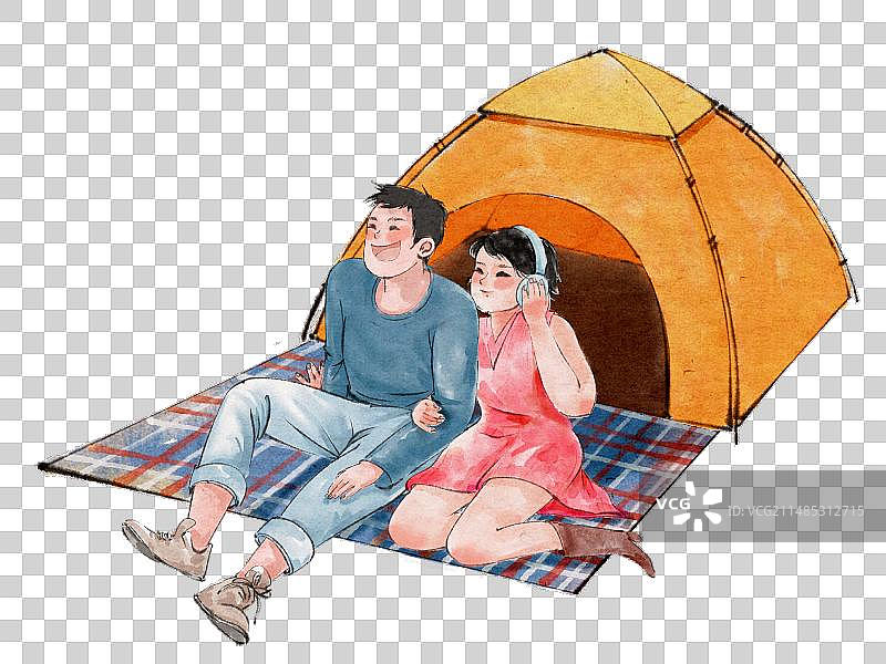 露营旅游春游元素-坐姿人物和帐篷图片素材