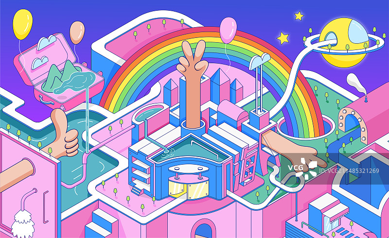 可爱的卡通2.5d彩虹房子建筑插画图片素材