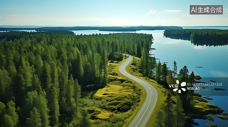 【AI数字艺术】林间公路的高角度视野图片素材