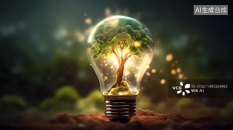 【AI数字艺术】灯泡中的绿树环保概念图片素材