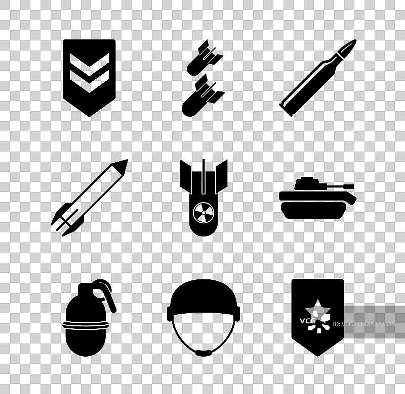 成套的V形航空炸弹、子弹和手榴弹图片素材