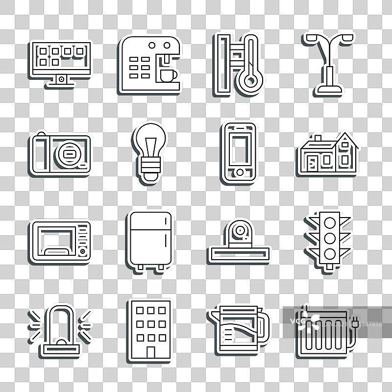 暖气片、交通灯和房屋线条图案图片素材