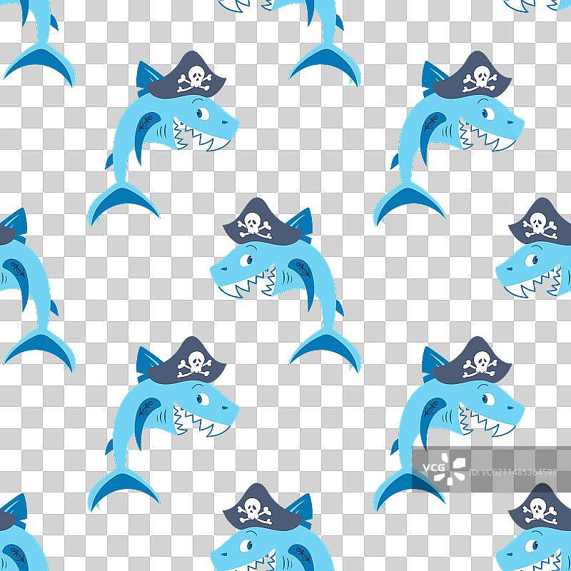 戴着三角帽的可爱鲨鱼海盗笑着举起锚图片素材