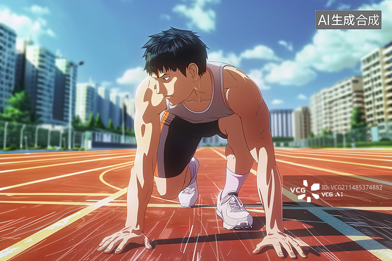 【AI数字艺术】一个亚洲男性在起跑线前准备跑步图片素材