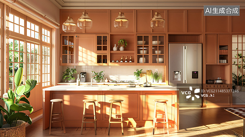 【AI数字艺术】温馨的室内客厅厨房布局图片素材