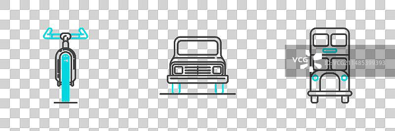 双层巴士、自行车和汽车图标等线条元素图片素材