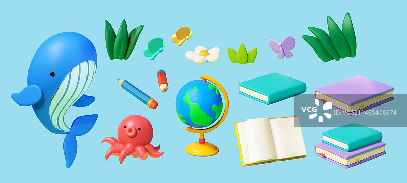 三维可爱海洋生物书籍与植物素材集合图片素材