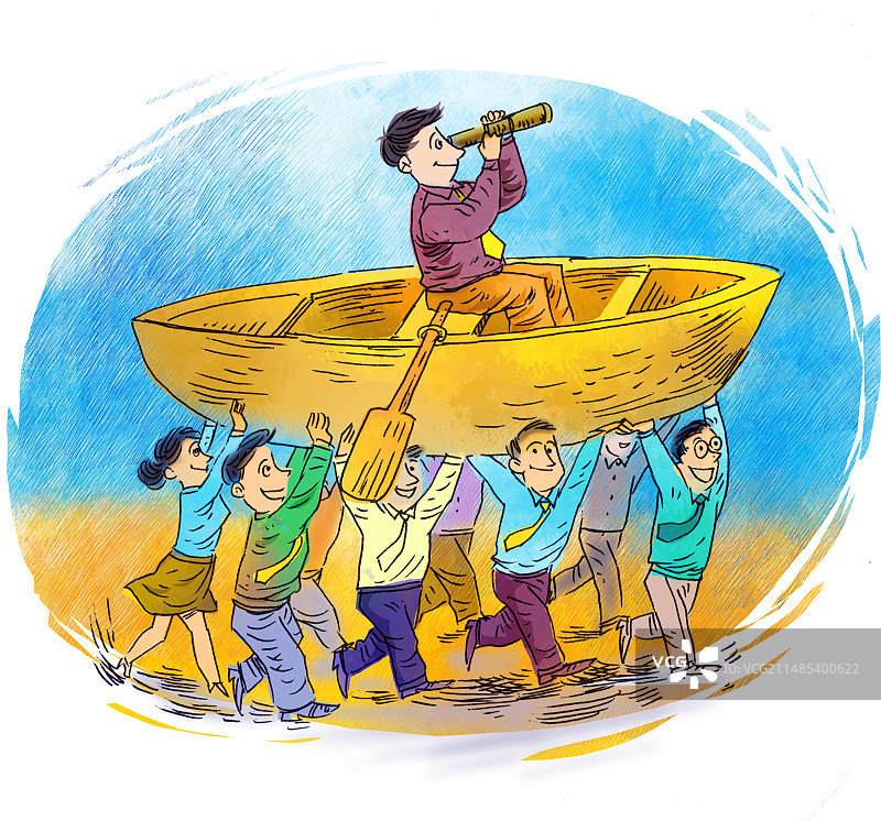众人抬着船，团结合作努力奋斗图片素材
