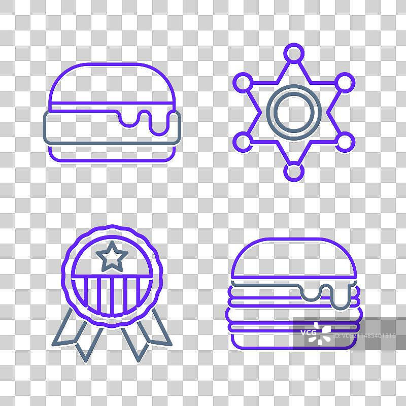 汉堡、星形奖牌与六角星警徽线条图标图片素材