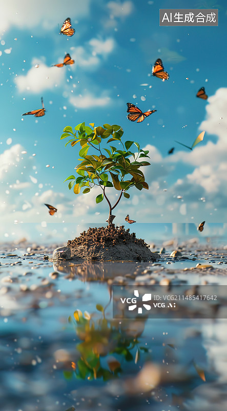 【AI数字艺术】蝴蝶在植物上栖息的特写镜头图片素材