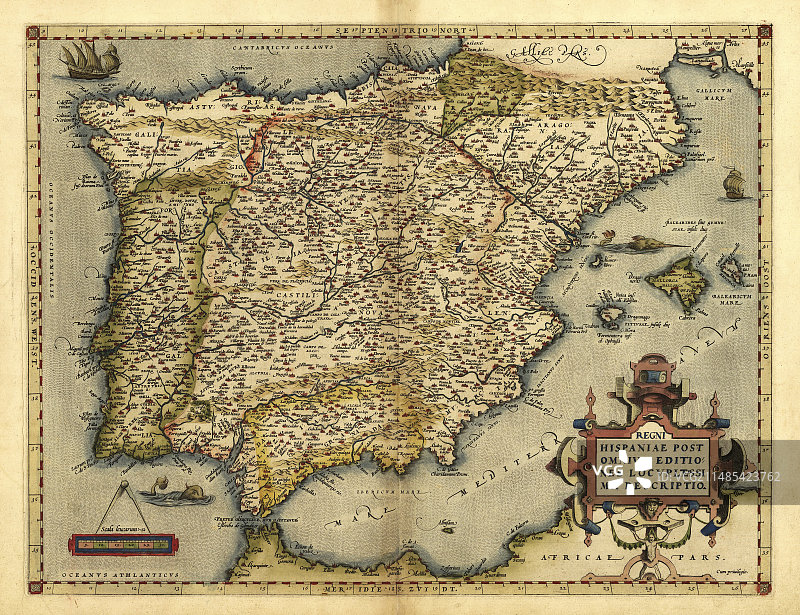 1570年奥特柳斯绘制的伊比利亚半岛地图图片素材