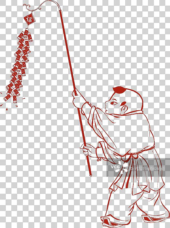 手举鞭炮开心玩耍的古代服装儿童人物剪纸元素图片素材