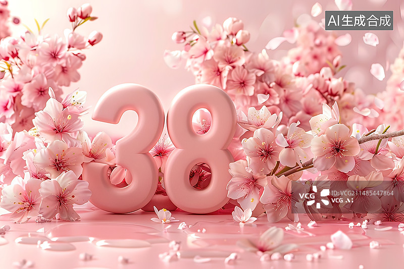 【AI数字艺术】妇女节“38”数字鲜花粉色背景图片素材