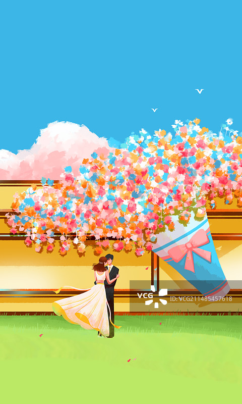 情侣在花团锦簇的夏天图片素材