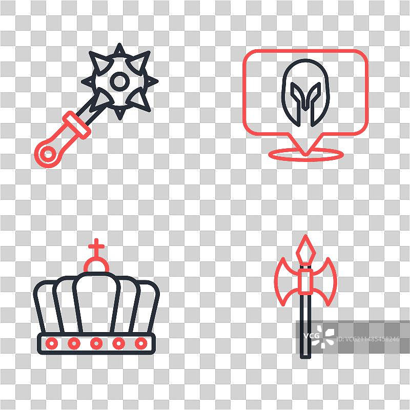 中世纪头盔国王皇冠斧头和权杖线性元素图片素材