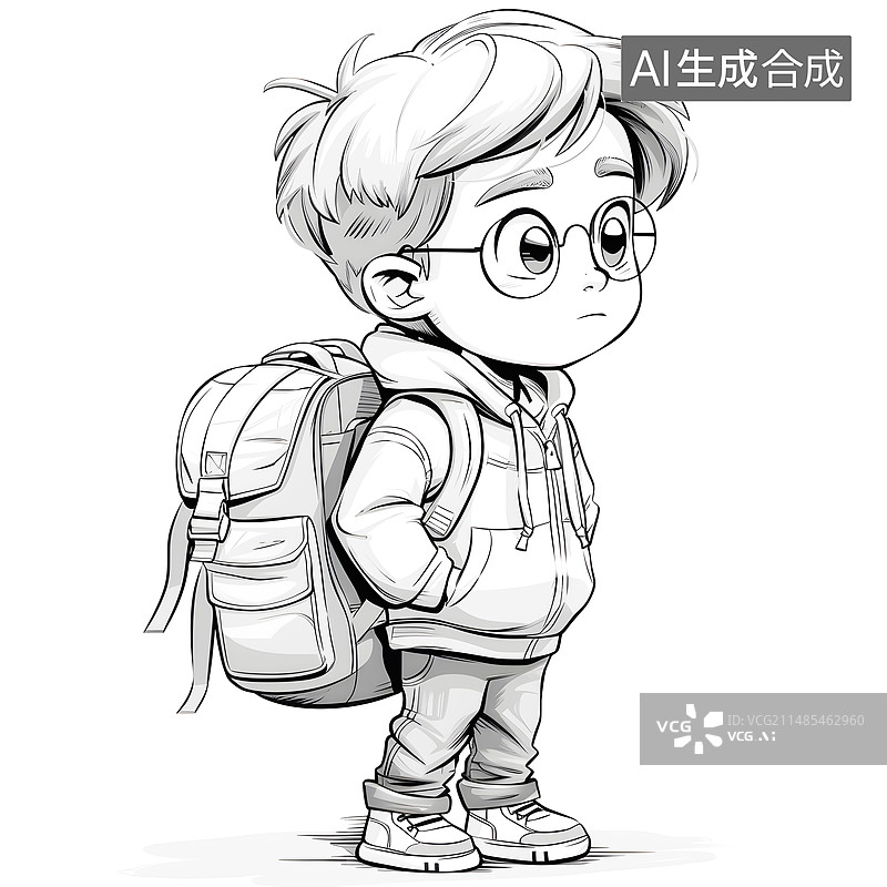 【AI数字艺术】AIGC:儿童小学生背着书包 线稿线条画 开学 儿童图片插画插图图片素材