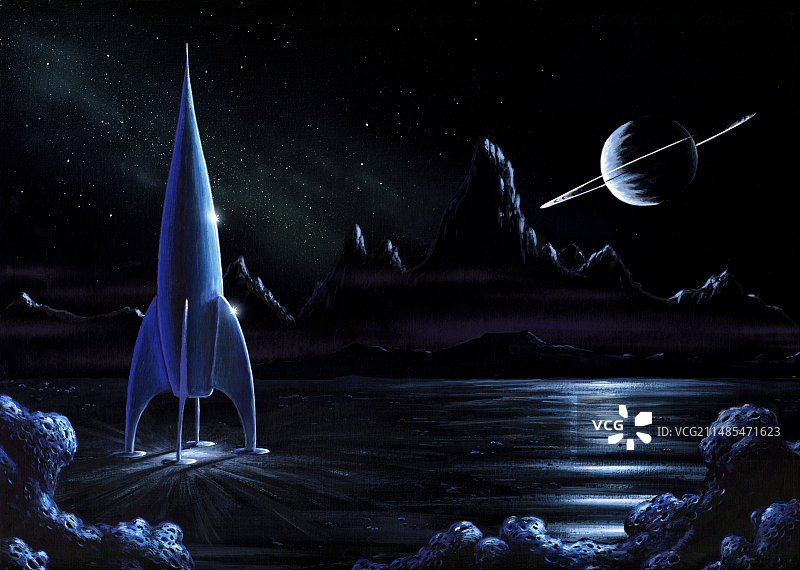 太空火箭和环状星球艺术作品图片素材