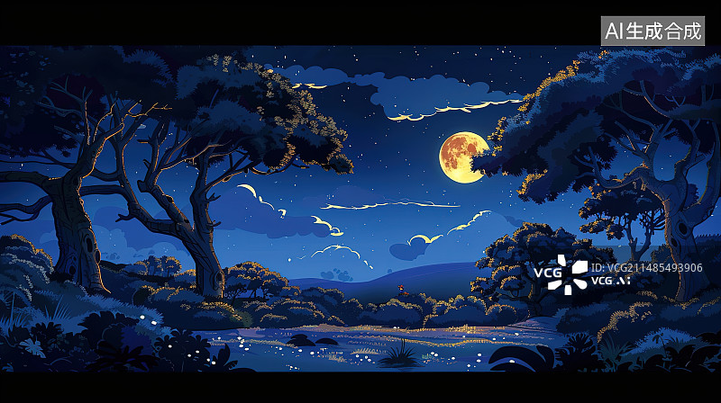 【AI数字艺术】夜空中树木轮廓的低角度视图图片素材