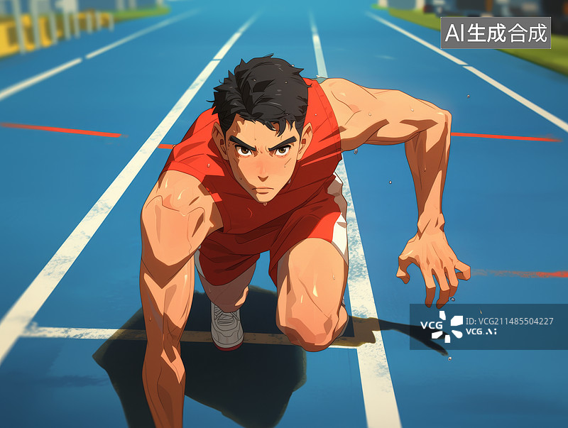 【AI数字艺术】在起跑线准备起跑的男人，漫画插画风格图片素材