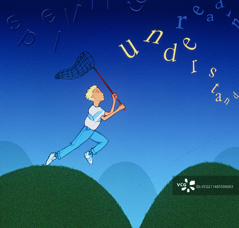 一个患有阅读障碍的男孩追逐文字的抽象艺术作品图片素材