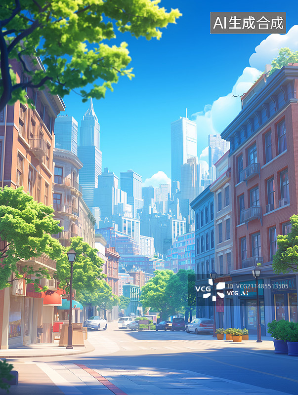 【AI数字艺术】3D卡通清新城市街景新海诚风格插画图片素材