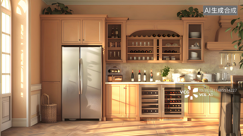 【AI数字艺术】窗外阳光照进来的厨房场景图片素材