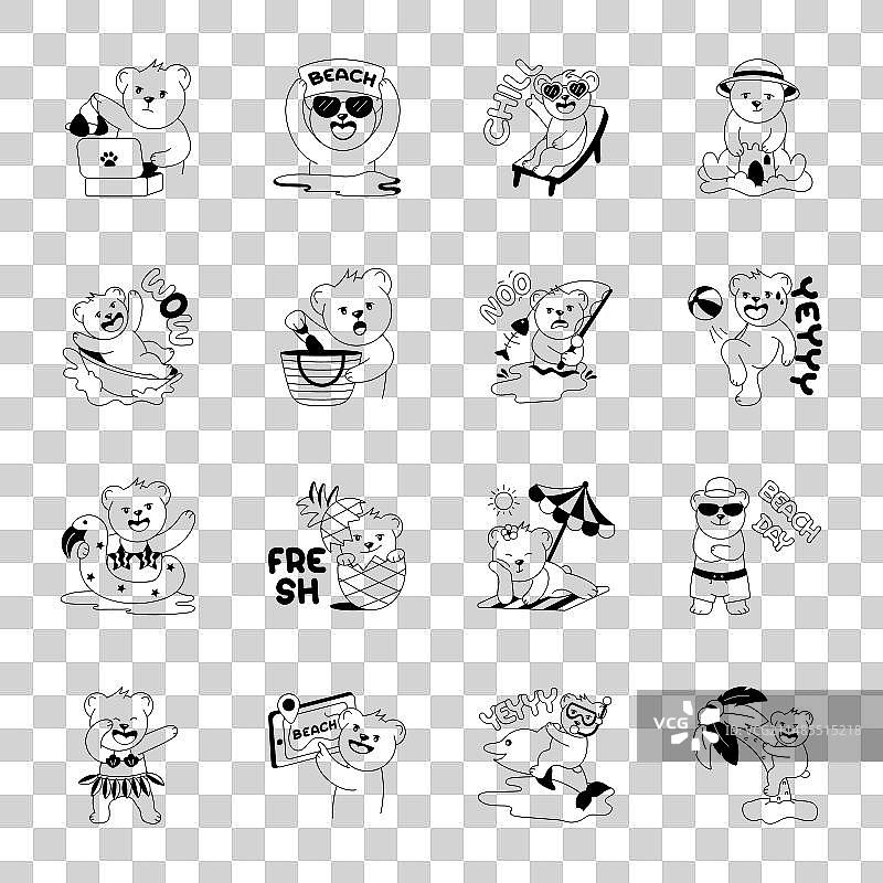 夏季熊象形文字贴纸合集图片素材