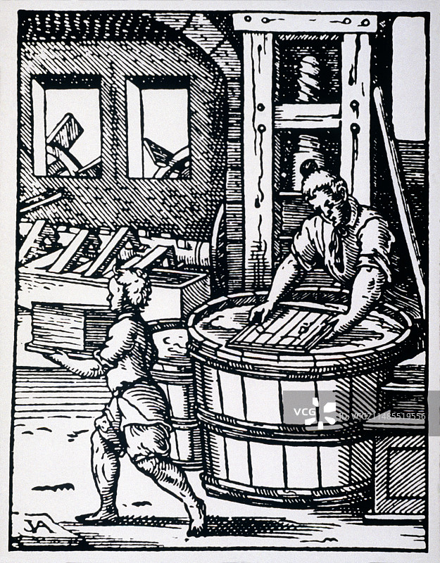 16世纪展示造纸术的木刻图片素材