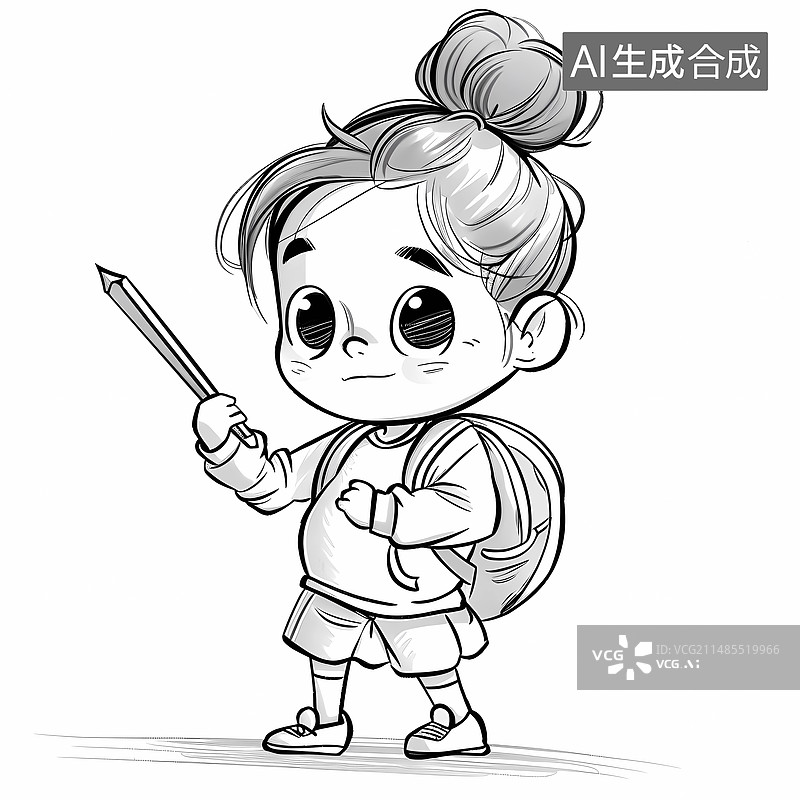 【AI数字艺术】教辅黑白线稿——小学生小女孩的学习日常图片素材