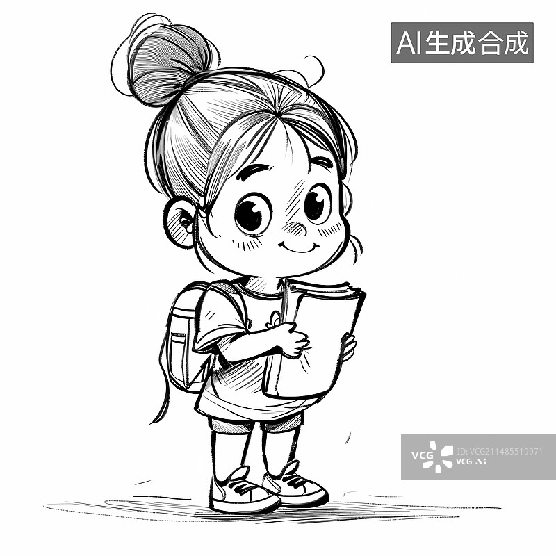 【AI数字艺术】教辅黑白线稿——小学生小女孩的学习日常图片素材